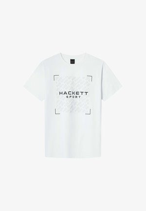 Camiseta de algodón blanca de mangas cortas, con un gráfico central que incluye "HACKETT SPORT" en texto negro en negrita dentro de un cuadrado con patrón.