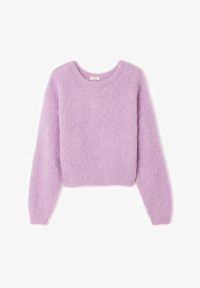 Pull tricoté lilas et duveteux avec un col rond et des manches longues et amples. Texture douce et coupe courte. Sans motifs ni accents visibles.
