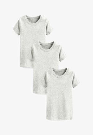 Tri majice kratkih rukava u svijetlosivoj pamuku, s okruglim izrezom i mekim teksturom. Jednostavan dizajn bez uzoraka ili akcenta.