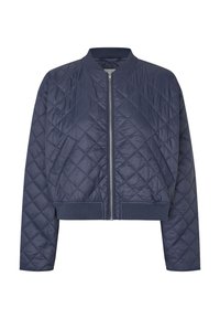 Veste bomber matelassée bleu marine avec fermeture éclair devant, poignets et ourlet côtelés. Présente un motif en losanges sur l'extérieur.