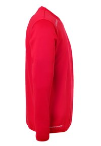 Roter Langarm-Sweatshirt mit Rundhalsausschnitt, das eine glatte Textur, Seitennähte und den Aufdruck "smartbreatheFIT" am unteren Saum aufweist.