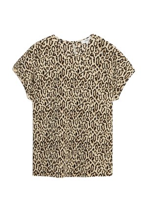 T-shirt med leopardmønster og korte ærmer; blødt, let stof; neutral beige bund med sorte og brune pletter; rund halsudskæring.