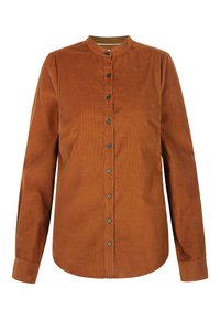 Camicia di velluto a coste marrone con maniche lunghe, colletto alla coreana e chiusura con bottoni. Presenta bottoni abbinati e una superficie liscia.