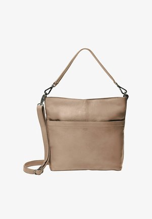 Tan leather shoulder bag with a smooth texture, featuring a single top handle and an adjustable crossbody strap. Includes a front pocket.