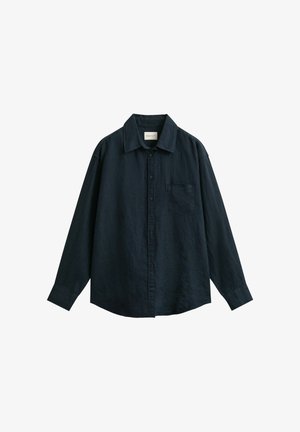 Dunkelmarineblaues, langärmliges Hemd zum Knöpfen mit Kragen und einer Brusttasche.