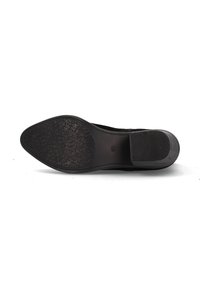 Suela de zapato de ante negro con patrón de agarre texturizado, puntera redondeada y ligero tacón. Presenta bordes suaves y material de goma duradero.