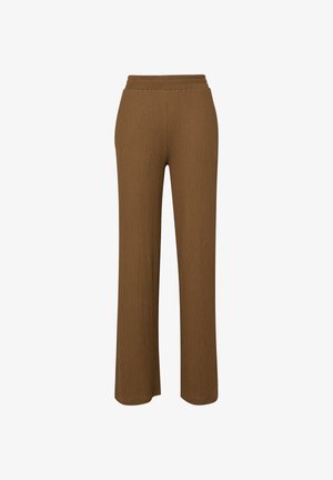 Pantalon large en maille marron avec une taille élastique, présentant un motif texturé et une coupe décontractée.