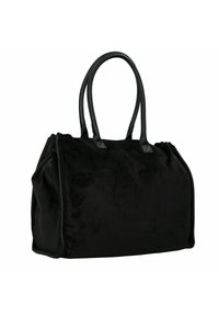 Borsa tote in velluto nero con manici in pelle liscia. Presenta una forma arrotondata, cuciture a contrasto e una superficie morbida e testurizzata.