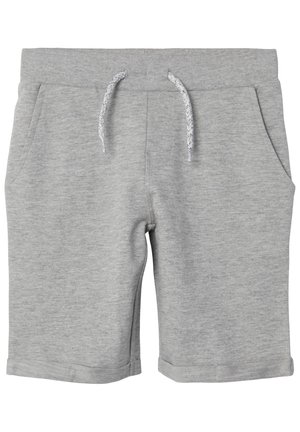 Pantalones cortos de mezcla de algodón gris claro con cintura elástica acanalada, cordón blanco, bolsillos laterales y bajos doblados.