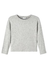 Pull léger gris avec un tissu tricoté texturé, col rond et manches longues. Pas de motifs ni de logos visibles. Design décontracté.