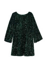 Robe mini à manches longues vert foncé, recouverte de sequins brillants, avec un col rond et une coupe ample.