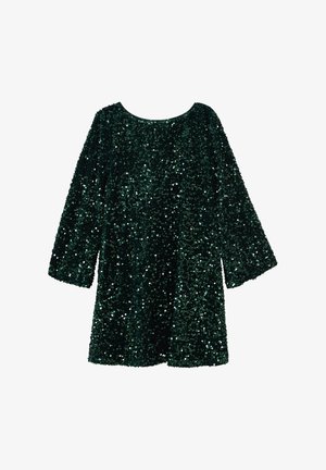 Abito mini manica lunga di un verde scuro, coperto da brillanti paillettes, con scollatura rotonda e vestibilità ampia.