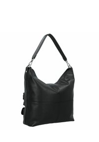 Schwarze Leder-Schultertasche mit einer weichen, strukturierten Form, die einen eleganten Träger und subtile Nähte aufweist.