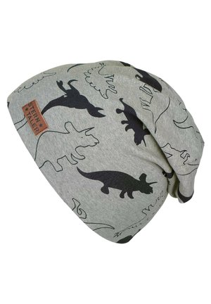 Gray beanie made of soft fabric with black animal silhouettes and line drawings. Features a small brown leather label with text.