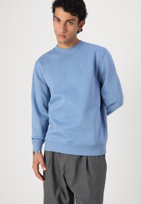 Sudadera azul claro de algodón, con cuello redondo y puños de canalé. Pequeño logo en el pecho, combinada con pantalones grises.