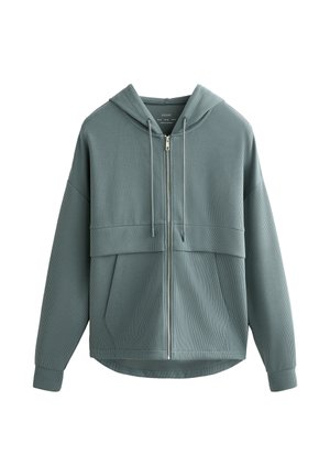 Lichtblauwe geribbelde capuchontrui met lange mouwen, trekkoorden in de capuchon, voorzakken en een licht gebogen zoom.