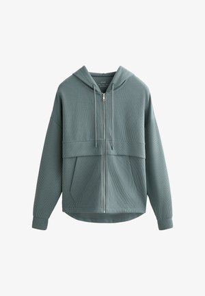 Lichtblauwe geribbelde capuchontrui met lange mouwen, trekkoorden in de capuchon, voorzakken en een licht gebogen zoom.