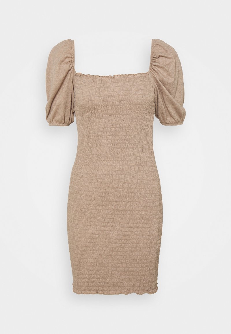 Robe mini marron à manches ballon avec un décolleté carré, une texture smockée et un ourlet élastique. Fabriquée dans un tissu doux et extensible.