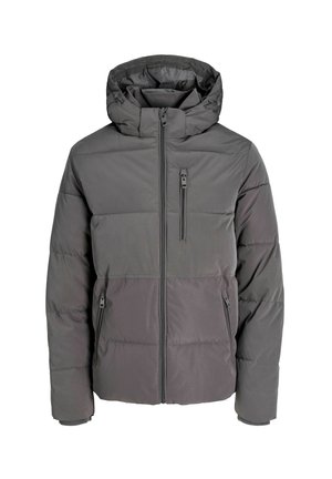 Šedá zimní bunda s výplní a kapucí, se zapínáním na zip po celé délce vpředu, zipem na kapse na hrudi a dvěma zipovými kapsami po stranách.