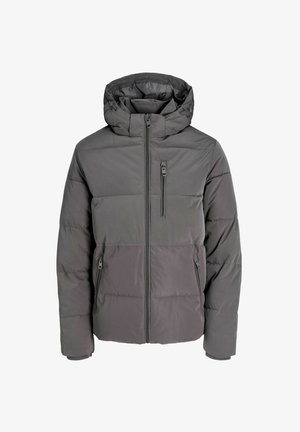 Grau gepolsterte Winterjacke mit Kapuze, durchgehendem Frontreißverschluss, Reißverschlusstasche auf der Brust und zwei seitlichen Reißverschlusstaschen.