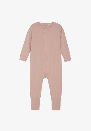 Roze lange mouwen rompertje van zachte katoen. Heeft een voorkant rits, ronde halslijn en aansluitende manchetten. Eenvoudig, zonder versieringen ontwerp.