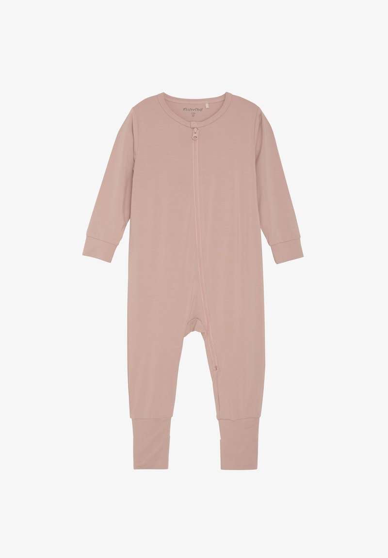 Roze lange mouwen rompertje van zachte katoen. Heeft een voorkant rits, ronde halslijn en aansluitende manchetten. Eenvoudig, zonder versieringen ontwerp.