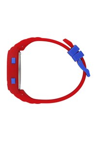 Reloj de silicona rojo con esfera redonda, botones azules y hebilla azul en contraste. Presenta una textura suave y una correa flexible.