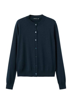 Cardigan bleu marine en tissu tricoté, avec un col rond, des manches longues et une fermeture à boutons sur le devant. Texture lisse.