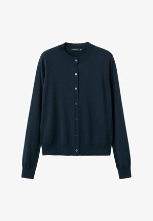 Cárdigan azul marino de tela de punto, con cuello redondo, mangas largas y cierre de botones en la parte delantera. Textura suave.