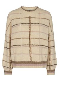 Maglione lavorato a maglia crema con motivo a quadri marrone e rosa chiaro, colletto a girocollo a costine, polsini e bordo.