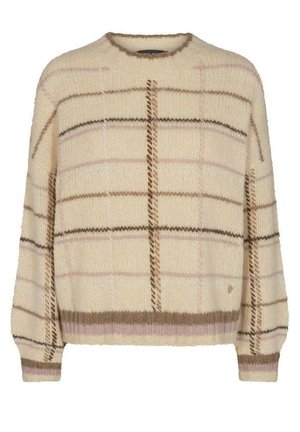 Kermava knit-svettari ruskealla ja vaaleanpunaisella ruutukuviolta, ribatulla pyöreällä pääntiellä, hihansuissa ja helman varrella.