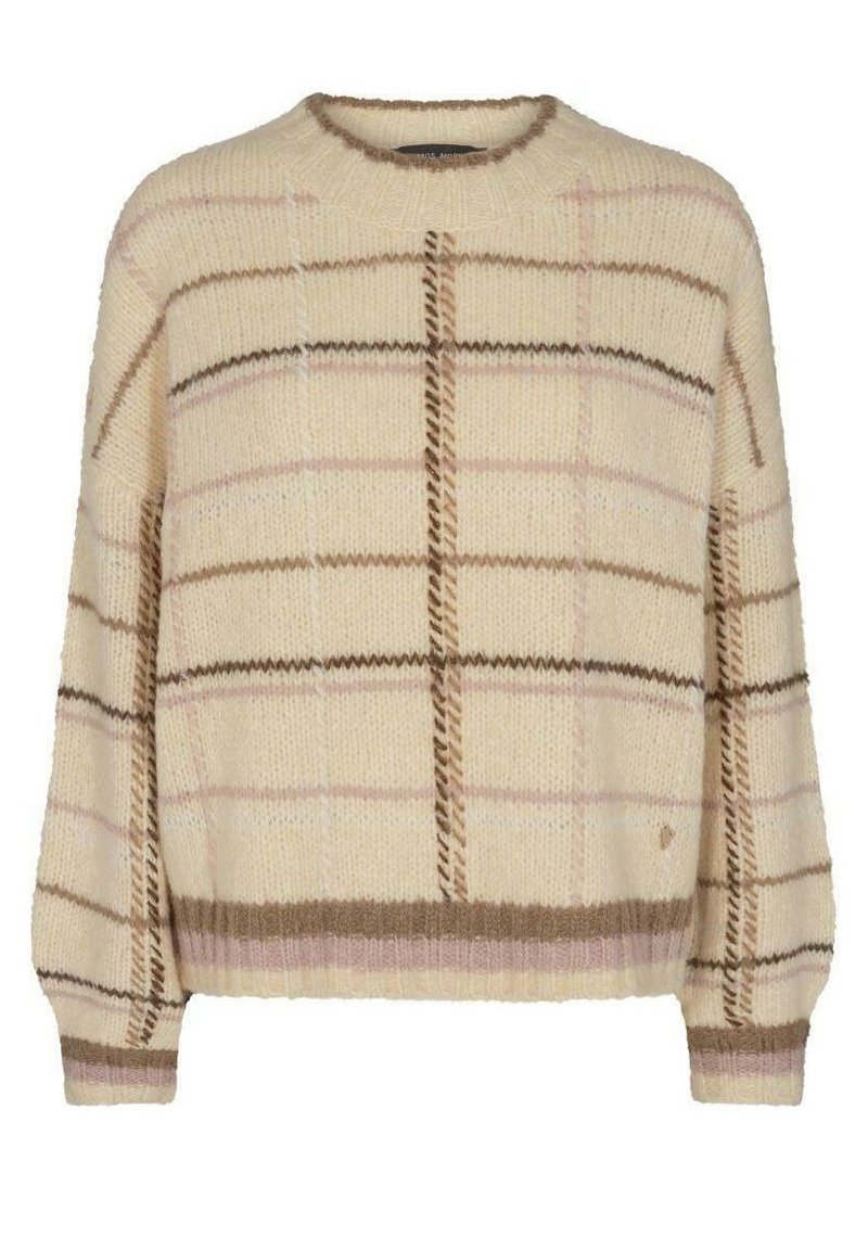 Maglione lavorato a maglia crema con motivo a quadri marrone e rosa chiaro, colletto a girocollo a costine, polsini e bordo.