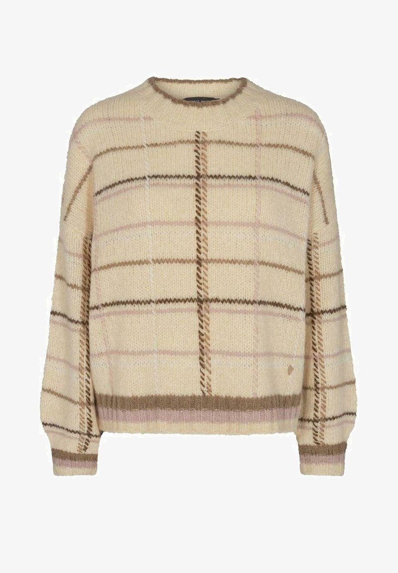 Maglione lavorato a maglia crema con motivo a quadri marrone e rosa chiaro, colletto a girocollo a costine, polsini e bordo.