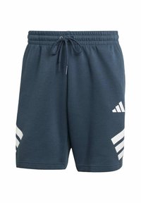 Navy blue athletic shorts made of cotton blend, featuring an elastic waistband with drawstring and white diagonal stripes on the sides.