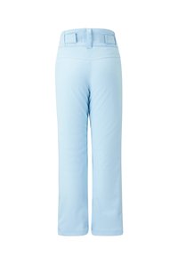 Himmelblaue, weit geschnittene Hosen aus einem glatten Material, mit einem flachen Bund und zwei verstellbaren Riegeln auf der Rückseite.