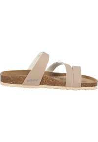 Sandalo scivoloso beige con due cinturini larghi, plantare in sughero e suola in gomma bianca. Presenta il logo del marchio sul lato.