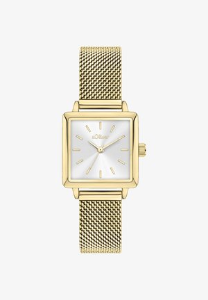 Orologio quadrato d'oro con quadrante bianco, cinturino in maglia e indici delle ore argentati. Presenta una piccola corona sul lato destro per la regolazione.