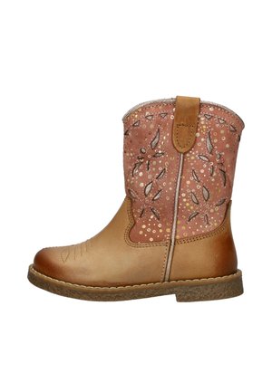 Tan enkellaarsje met een roze decoratieve bovenkant met bloemmotieven, gouden accenten, gestructureerde afwerking en contrasterende stiksels rond de zool.