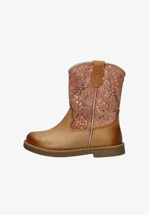 Tan enkellaarsje met een roze decoratieve bovenkant met bloemmotieven, gouden accenten, gestructureerde afwerking en contrasterende stiksels rond de zool.