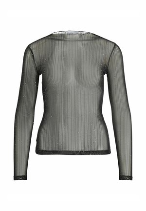 Top noir transparent à manches longues avec une texture côtelée, des accents argentés scintillants et un col rond. Tissu doux et léger.