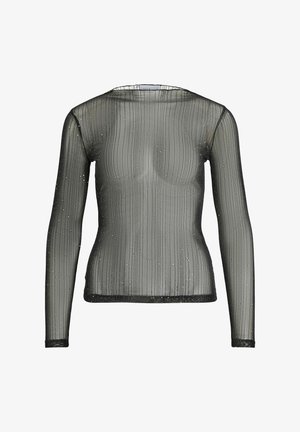 Blusa negra transparente de manga larga con textura acanalada, adornos plateados brillantes y escote redondo. Tejido suave y ligero.