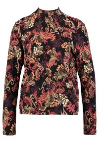 Blusa a maniche lunghe con scollo alto, caratterizzata da uno sfondo nero e intricati motivi floreali in tonalità rosse, arancioni e crema.