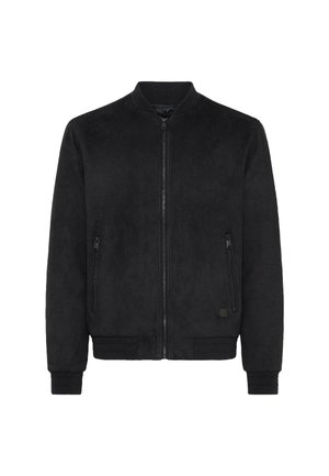 Giacca bomber nera realizzata in materiale simile alla pelle scamosciata, con chiusura a zip frontale, due tasche laterali, polsi a costine e un design semplice.