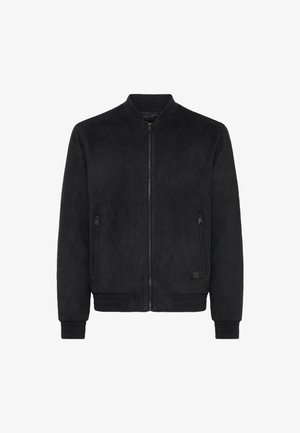 Zwarte bomberjack gemaakt van een suede-achtige stof, met een rits aan de voorkant, twee zijzakken, ribbelmanchetten en een eenvoudig ontwerp.