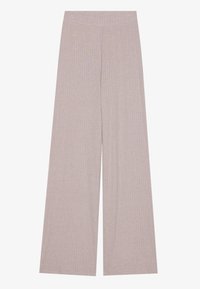 Helle beige weite Hose aus geripptem Stoff. Verfügt über einen dehnbaren Bund und eine weiche Textur. Einfaches Design ohne zusätzliche Akzente.
