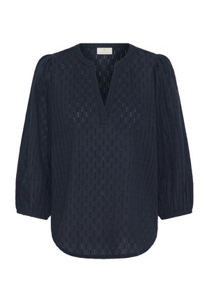 Blusa azul marino con rayas verticales texturizadas, mangas largas abullonadas y escote en V con muesca.