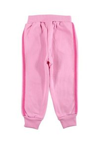 Pantalon de survêtement rose avec une texture douce, présentant une couleur unie et des bandes latérales d'un rose plus foncé en contraste. Taille et poignets élastiques.