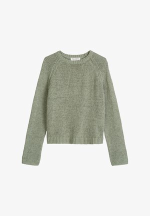 Pull vert clair en maille, à manches longues et col rond, avec poignets et ourlet côtelés, étiqueté Marc O’Polo.