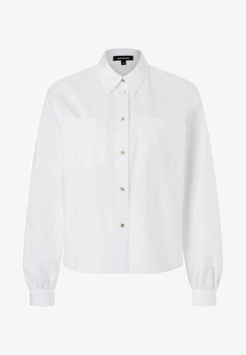 White button-up shirt with a collar, long sleeves, two chest pockets, gold-button accents, and gathered cuffs. Smooth fabric texture.
