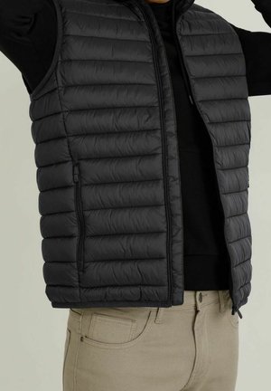 Personne portant un gilet matelassé noir par-dessus une chemise noire à manches longues et un pantalon beige, les bras levés hors du cadre.